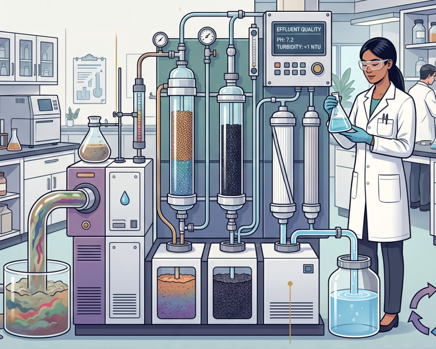 Illustration of PaintSmartly water treatment process showing contaminated paint water on the left being processed through multi-stage filtration system (center) to produce clean, reusable water on the right, with quality monitoring displays and scientist operator.
